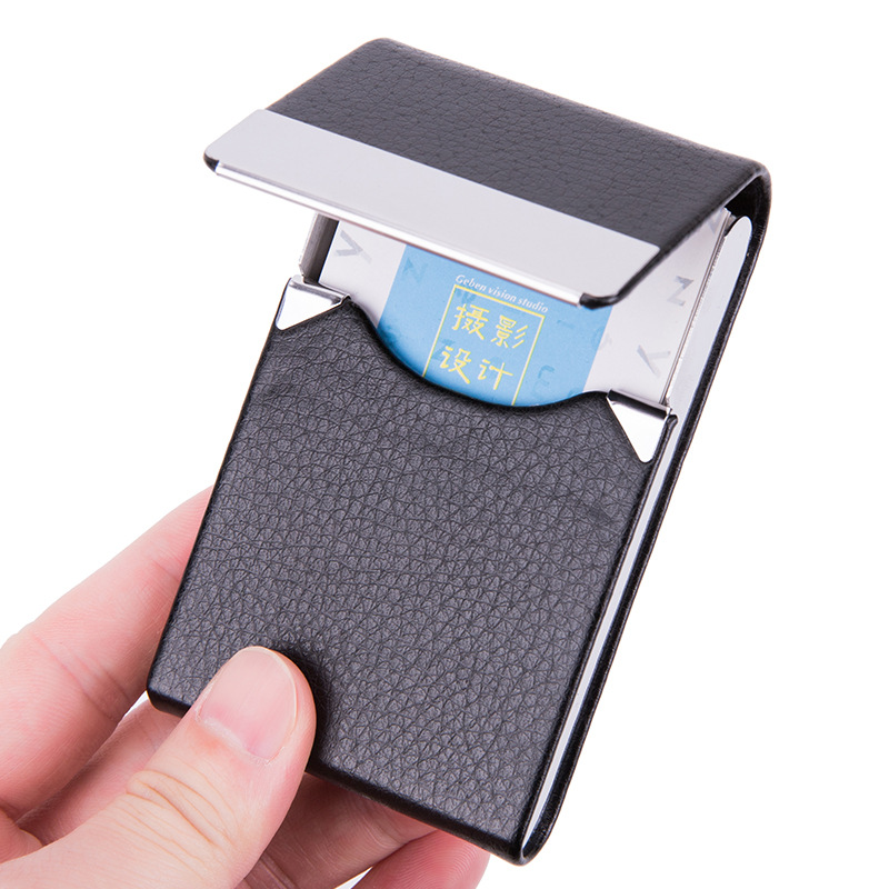 Card Top Loader - 男性用名刺入れ,スリム,ブラック,1ピース,合成皮革,金属ポケット,磁気クロージャー