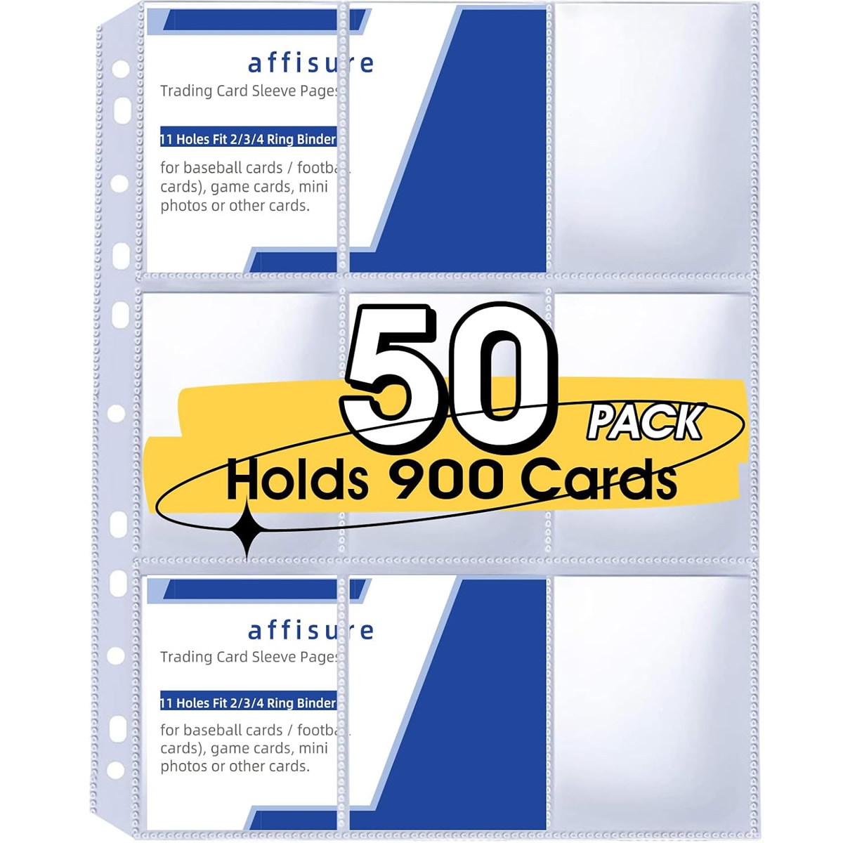 Trading Card Binder - 50枚入り 9ポケットカードスリーブ 900枚収納 両面トレーディング 3リングバインダーページ スポーツアルバムホルダー