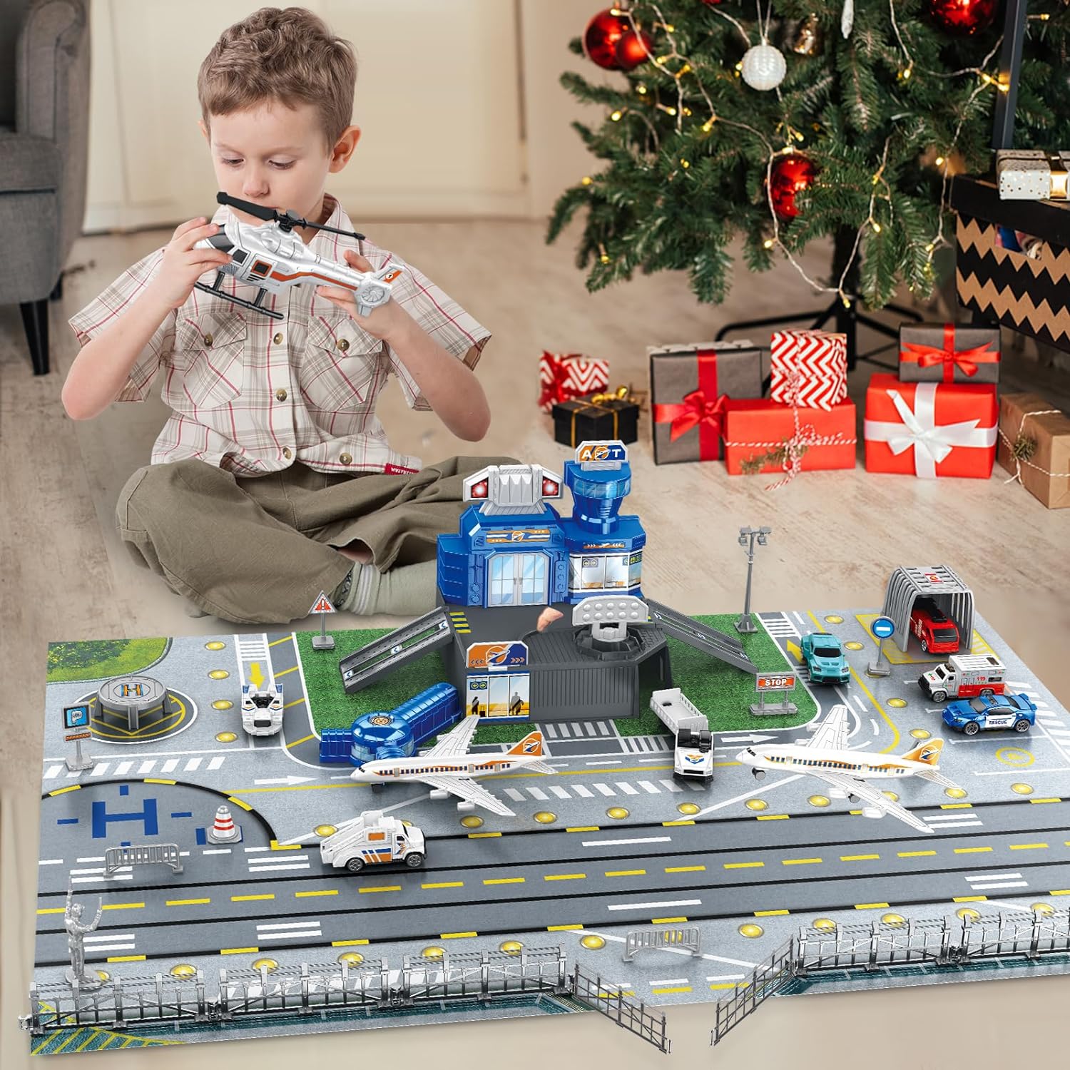 子供用空港シーンおもちゃセット、車、ヘリコプター、飛行機、タ - Model Airplane Plastic のレビューと価格